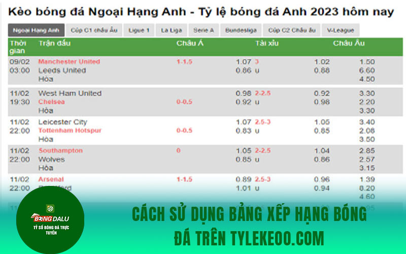 keo ty le 1 Cách sử dụng bảng xếp hạng bóng đá trên tylekeoo.com