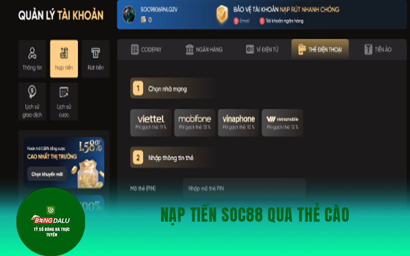 nap tien soc88 1 Nạp tiền SOC88 qua thẻ cào